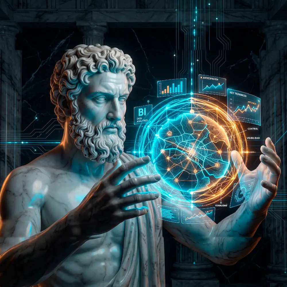 Estatua clasica manipulando una esfera de datos con tableros de indicadores