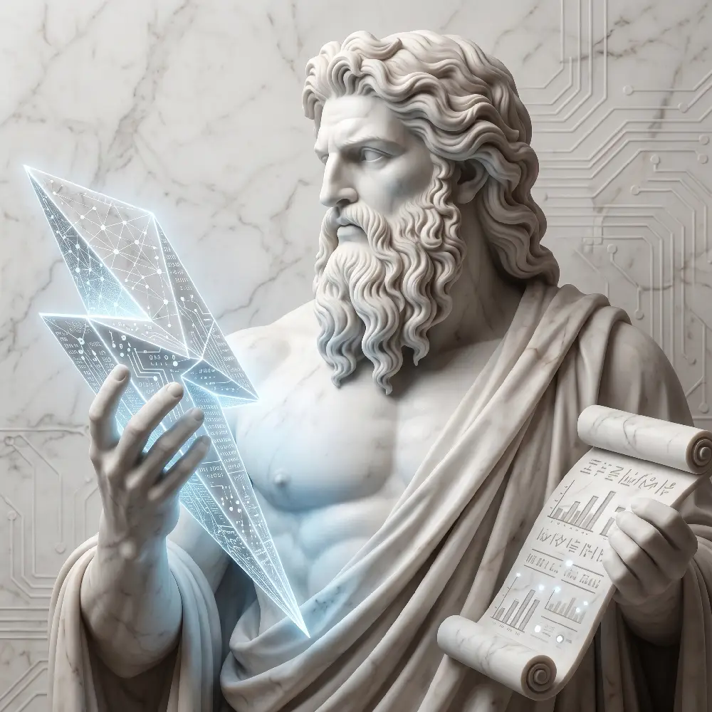 Estatua clasica sosteniendo una pieza de inteligencia digital